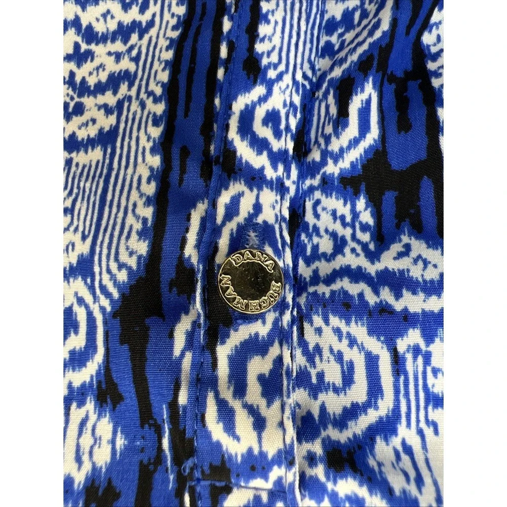 Dana Buchman XL Peasant Blouse Blue White Ikat Medallion Smocked Split Neck Top